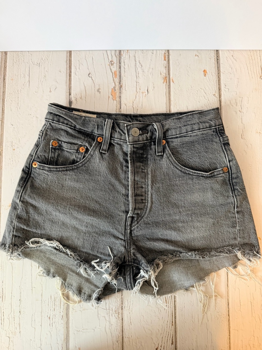 Levi's Black-Grey Frayed High-Rise Denim Shorts
